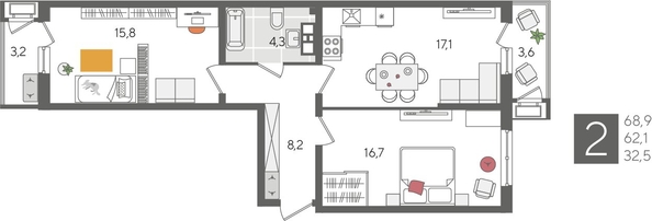 
  Продается 2-комн. квартира, 68.9 м², ЖК Рекорд 2, литера 1
. Фото 1.