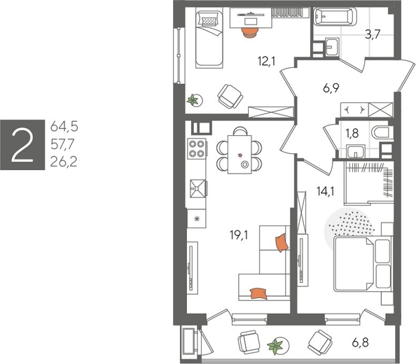 
  Продается 2-комн. квартира, 64.5 м², ЖК Рекорд 2, литера 1
. Фото 1.
