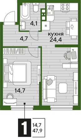 
  Продается 1-комн. квартира, 47.5 м², ЖК DOGMA PARK (Догма парк), литера 1
. Фото 1.