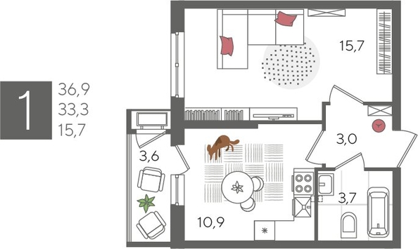 
  Продается 1-комн. квартира, 36.9 м², ЖК Рекорд 2, литера 3
. Фото 1.
