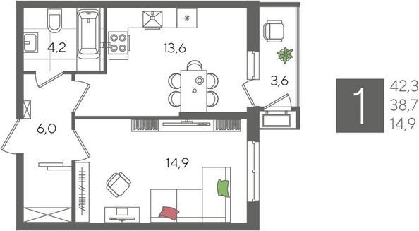
  Продается 1-комн. квартира, 42.3 м², ЖК Рекорд 2, литера 3
. Фото 1.