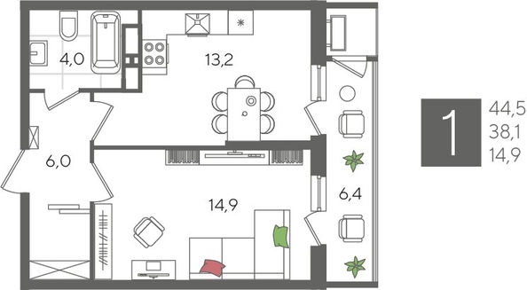 
  Продается 1-комн. квартира, 44.5 м², ЖК Рекорд 2, литера 3
. Фото 1.