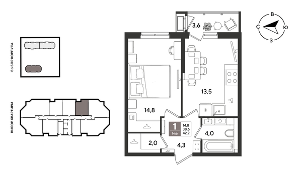 
  Продается 1-комн. квартира 42.2 м², в ЖК Рекорд 2, литера 4. Фото 1.