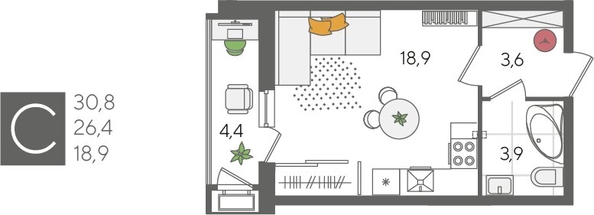 
  Продается студия, 30.8 м², ЖК Рекорд 2, литера 4
. Фото 1.