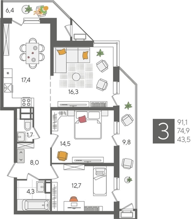 
  Продается 3-комн. квартира, 91.1 м², ЖК Рекорд 2, литера 4
. Фото 1.
