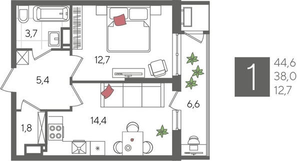 
  Продается 1-комн. квартира, 44.6 м², ЖК Рекорд 2, литера 4
. Фото 1.