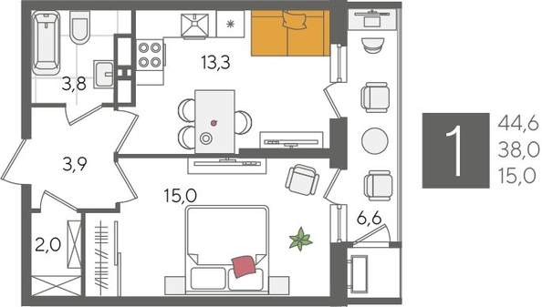 
  Продается 1-комн. квартира, 44.6 м², ЖК Рекорд 2, литера 4
. Фото 1.