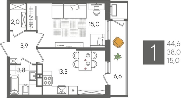 
  Продается 1-комн. квартира, 44.6 м², ЖК Рекорд 2, литера 4
. Фото 1.