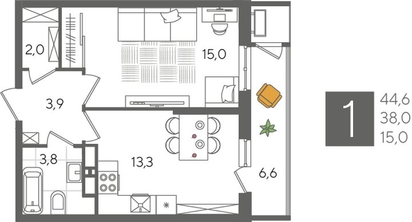 
  Продается 1-комн. квартира, 44.6 м², ЖК Рекорд 2, литера 4
. Фото 1.