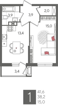 
  Продается 1-комн. квартира, 41.6 м², ЖК Рекорд 2, литера 5
. Фото 1.