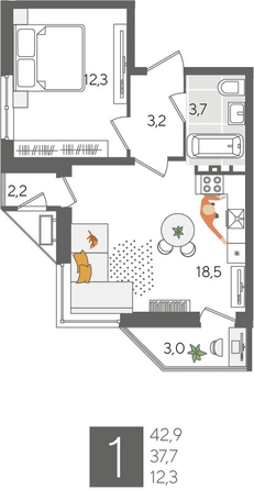 
  Продается 1-комн. квартира, 42.9 м², ЖК Рекорд 2, литера 5
. Фото 1.