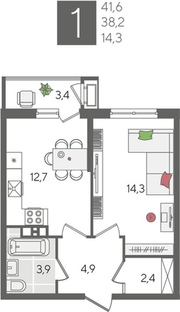 
  Продается 1-комн. квартира, 41.6 м², ЖК Рекорд 2, литера 5
. Фото 1.
