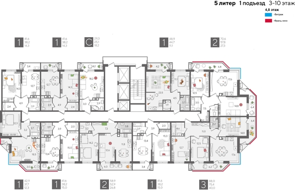 
  Продается 1-комн. квартира, 42.9 м², ЖК Рекорд 2, литера 5
. Фото 2.