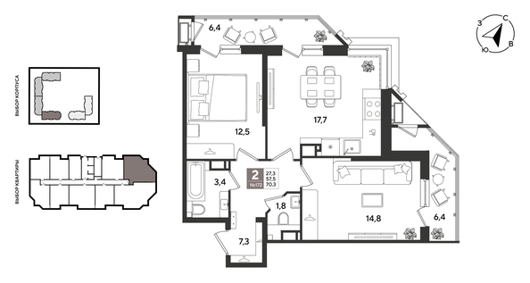 
  Продается 2-комн. квартира 70.3 м², в ЖК Рекорд 2, литера 5. Фото 1.