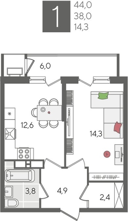 
  Продается 1-комн. квартира, 44 м², ЖК Рекорд 2, литера 5
. Фото 1.