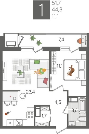 
  Продается 1-комн. квартира, 51.7 м², ЖК Рекорд 2, литера 5
. Фото 1.