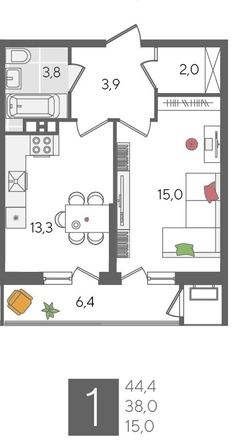 
  Продается 1-комн. квартира, 44.4 м², ЖК Рекорд 2, литера 5
. Фото 1.