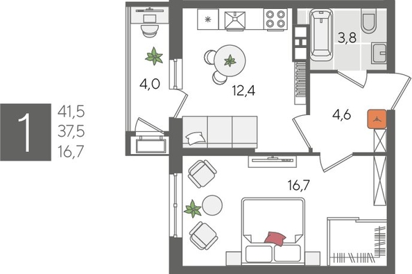 
  Продается 1-комн. квартира, 41.5 м², ЖК Рекорд 2, литера 5
. Фото 1.
