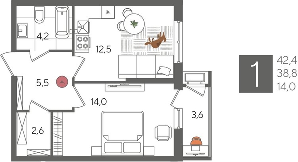 
  Продается 1-комн. квартира, 42.4 м², ЖК Рекорд 2, литера 5
. Фото 1.