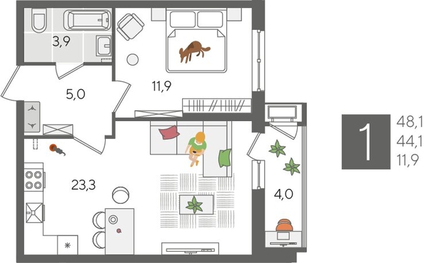 
  Продается 1-комн. квартира, 48.1 м², ЖК Рекорд 2, литера 5
. Фото 1.