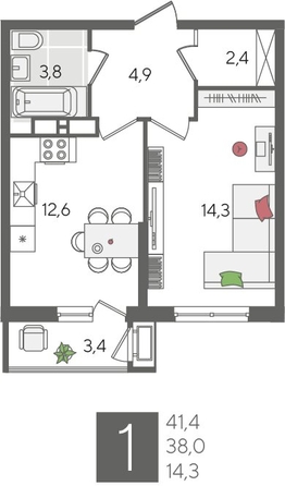
  Продается 1-комн. квартира, 41.4 м², ЖК Рекорд 2, литера 5
. Фото 1.