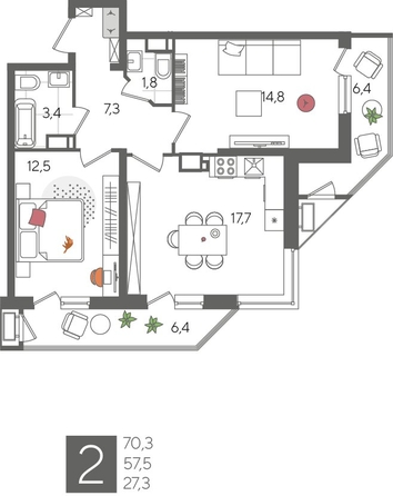 
  Продается 2-комн. квартира, 70.3 м², ЖК Рекорд 2, литера 5
. Фото 1.