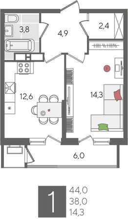 
  Продается 1-комн. квартира, 44 м², ЖК Рекорд 2, литера 5
. Фото 1.