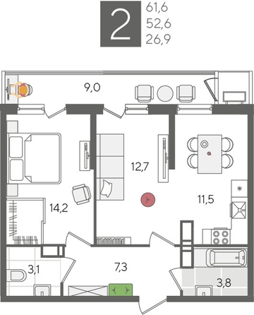 
  Продается 2-комн. квартира, 61.6 м², ЖК Рекорд 2, литера 5
. Фото 1.
