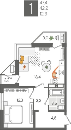 
  Продается 1-комн. квартира, 47.4 м², ЖК Рекорд 2, литера 5
. Фото 1.