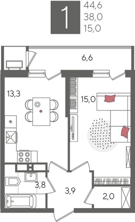 
  Продается 1-комн. квартира, 44.6 м², ЖК Рекорд 2, литера 5
. Фото 1.