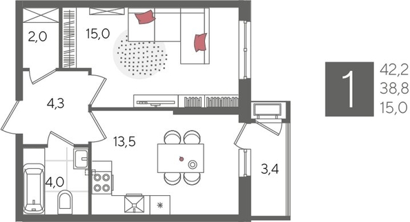 
  Продается 1-комн. квартира, 42.2 м², ЖК Рекорд 2, литера 6
. Фото 1.