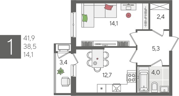 
  Продается 1-комн. квартира, 41.9 м², ЖК Рекорд 2, литера 6
. Фото 1.