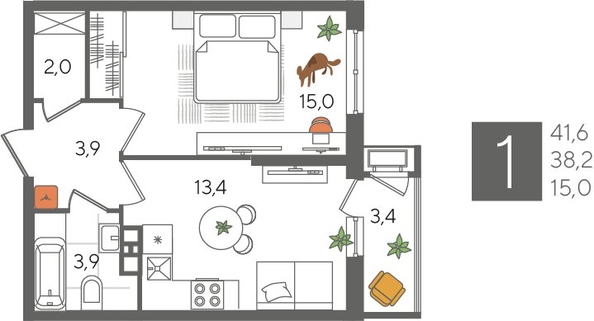 
  Продается 1-комн. квартира, 41.6 м², ЖК Рекорд 2, литера 6
. Фото 1.