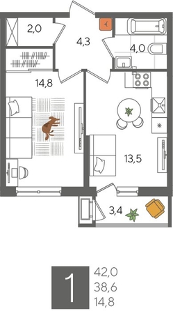 
  Продается 1-комн. квартира, 42 м², ЖК Рекорд 2, литера 6
. Фото 1.