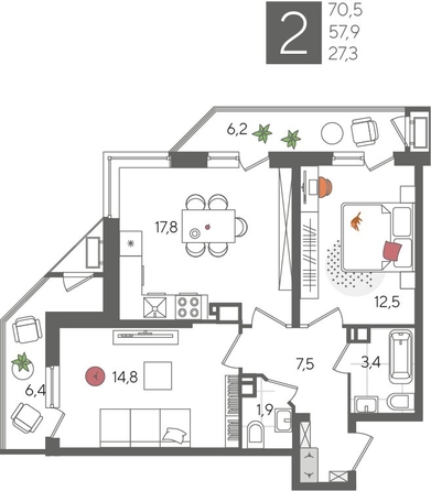 
  Продается 2-комн. квартира, 70.5 м², ЖК Рекорд 2, литера 6
. Фото 1.