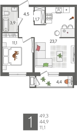 
  Продается 1-комн. квартира, 49.3 м², ЖК Рекорд 2, литера 1
. Фото 1.