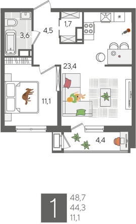 
  Продается 1-комн. квартира, 48.7 м², ЖК Рекорд 2, литера 1
. Фото 1.