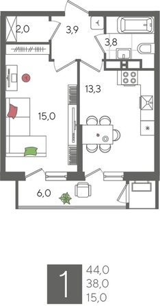 
  Продается 1-комн. квартира, 44 м², ЖК Рекорд 2, литера 1
. Фото 1.