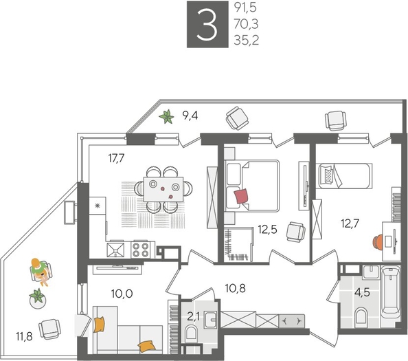 
  Продается 3-комн. квартира, 91.5 м², ЖК Рекорд 2, литера 1
. Фото 1.