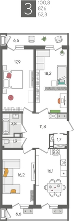 
  Продается 3-комн. квартира, 100.8 м², ЖК Рекорд 2, литера 1
. Фото 1.