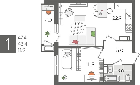 
  Продается 1-комн. квартира, 47.4 м², ЖК Рекорд 2, литера 1
. Фото 1.