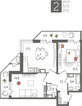 
  Продается 2-комн. квартира, 69.9 м², ЖК Рекорд 2, литера 1
. Фото 1.