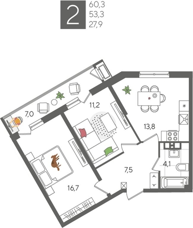 
  Продается 2-комн. квартира, 60.3 м², ЖК Рекорд 2, литера 2
. Фото 1.