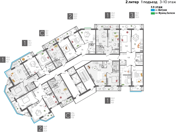 
  Продается 1-комн. квартира 49.6 м², в ЖК Рекорд 2, литера 2. Фото 2.