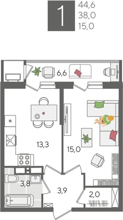 
  Продается 1-комн. квартира, 44.6 м², ЖК Рекорд 2, литера 2
. Фото 1.
