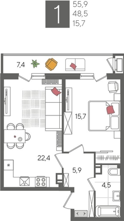 
  Продается 1-комн. квартира 55.3 м², в ЖК Рекорд 2, литера 2. Фото 1.