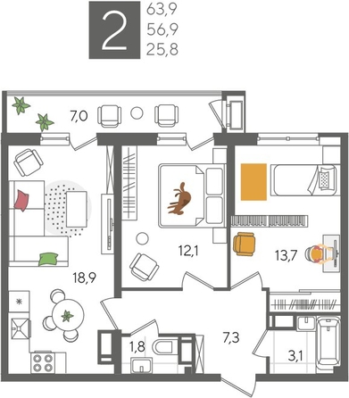 
  Продается 2-комн. квартира 63.6 м², в ЖК Рекорд 2, литера 2. Фото 1.