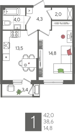 
  Продается 1-комн. квартира 42 м², в ЖК Рекорд 2, литера 2. Фото 1.