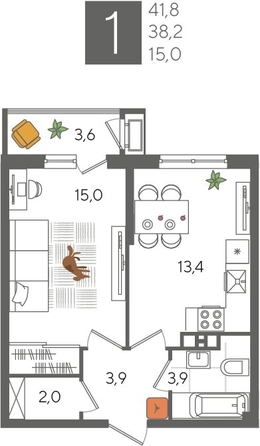 
  Продается 1-комн. квартира, 41.8 м², ЖК Рекорд 2, литера 2
. Фото 1.