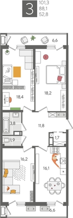 
  Продается 3-комн. квартира, 101.3 м², ЖК Рекорд 2, литера 2
. Фото 1.